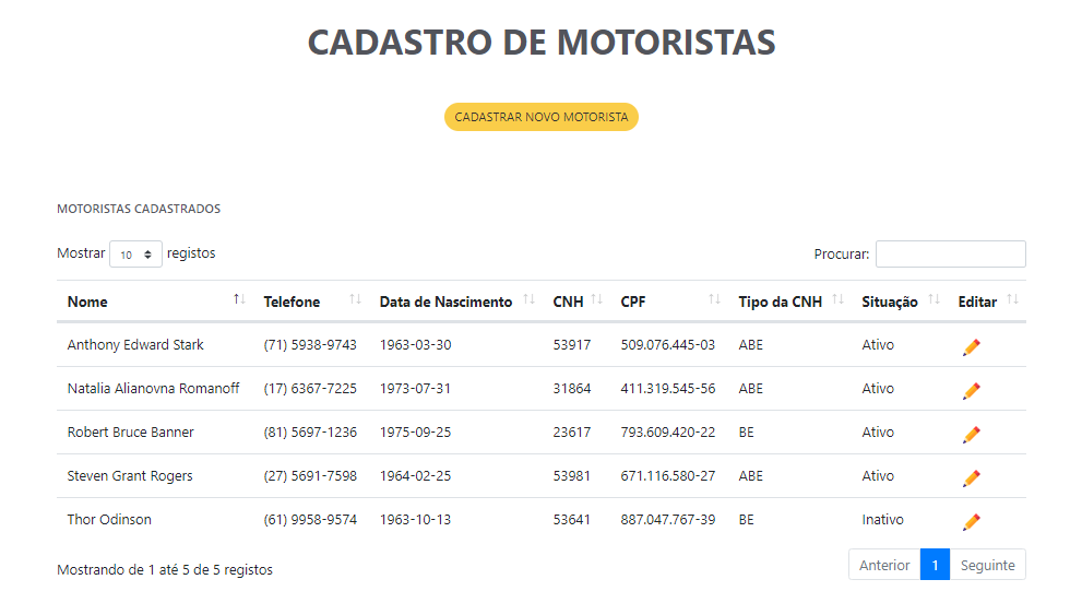 imagem tela de cadastro de motoristas